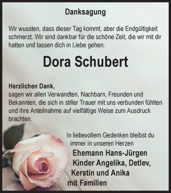 Traueranzeige von Dora Schubert von WochenKurier