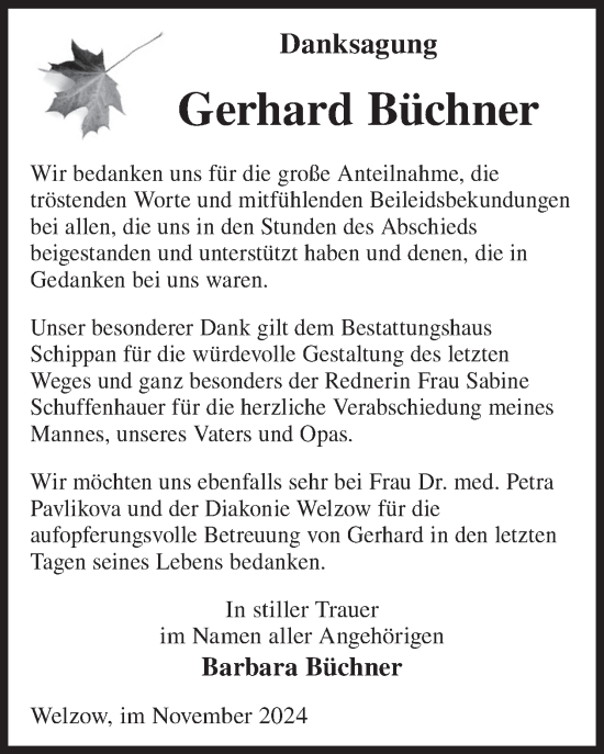 Traueranzeige von Gerhard Büchner von WochenKurier