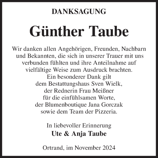 Traueranzeige von Günther Taube von WochenKurier