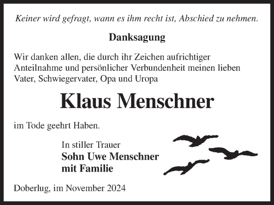 Traueranzeige von Klaus Menschner von WochenKurier