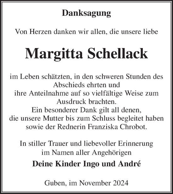 Traueranzeige von Margitta Schellack von WochenKurier