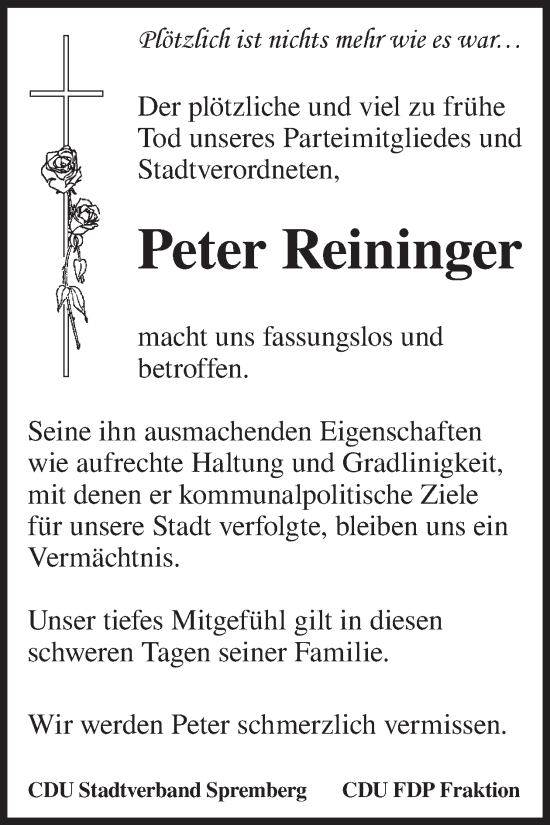 Traueranzeige von Peter Reininger von WochenKurier