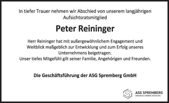 Traueranzeige von Peter Reininger von WochenKurier