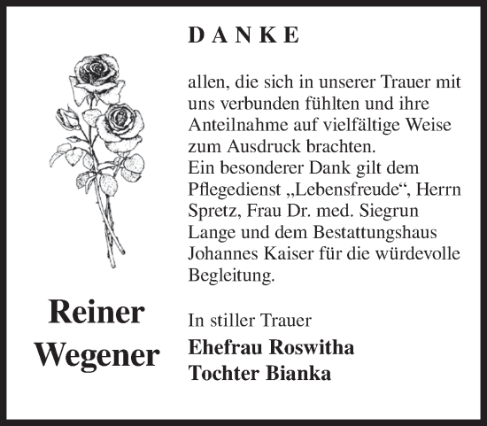 Traueranzeige von Reiner Wegener von WochenKurier