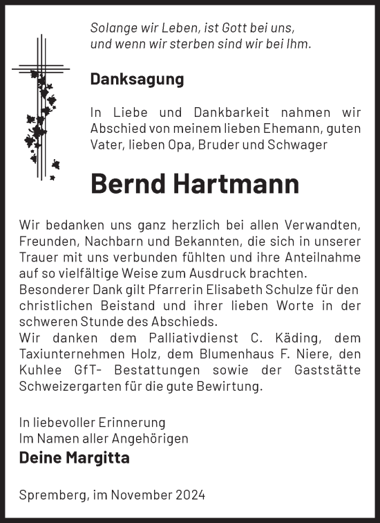 Traueranzeige von Bernd Hartmann von WochenKurier