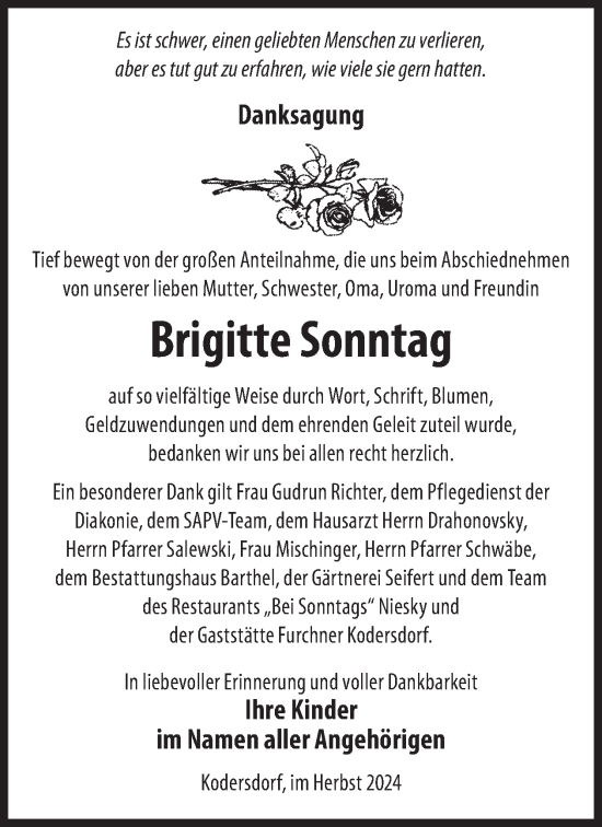 Traueranzeige von Brigitte Sonntag von WochenKurier