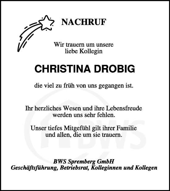 Traueranzeige von Christina Drobig von WochenKurier