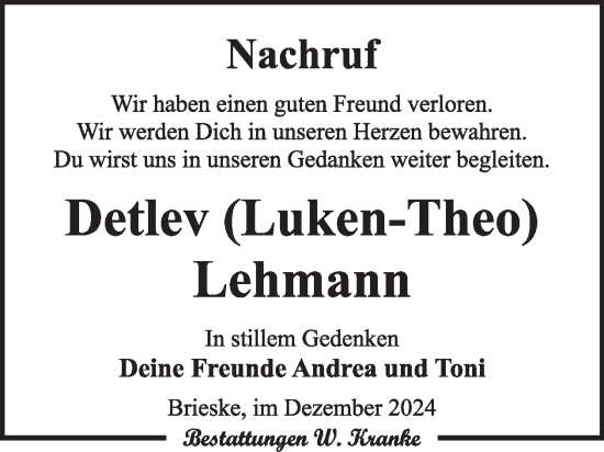 Traueranzeige von Detlev Lehmann von WochenKurier