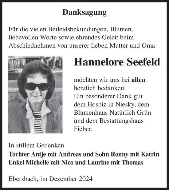 Traueranzeige von Hannelore Seefeld von WochenKurier