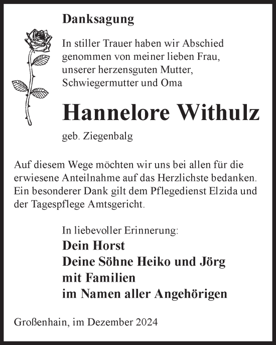 Traueranzeige von Hannelore Withulz von WochenKurier