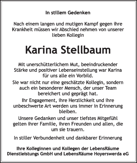 Traueranzeige von Karina Stellbaum von WochenKurier