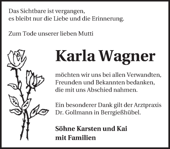 Traueranzeige von Karla Wagner von WochenKurier