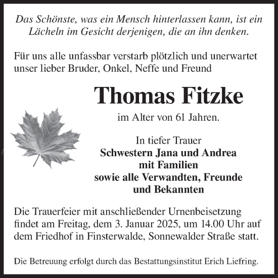 Traueranzeige von Thomas Fitzke von WochenKurier