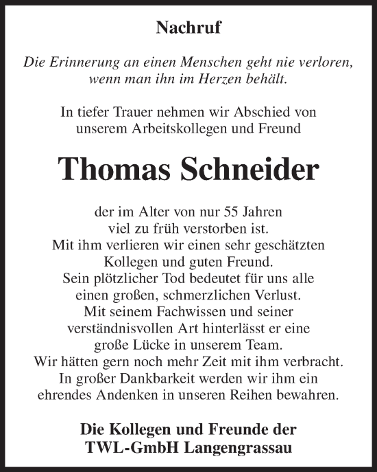 Traueranzeige von Thomas Schneider von WochenKurier