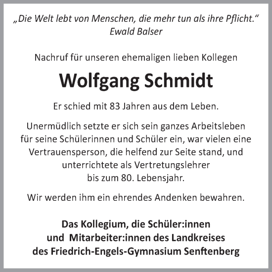 Traueranzeige von Wolfgang Schmidt von WochenKurier