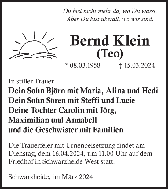 Traueranzeige von Bernd Klein von WochenKurier