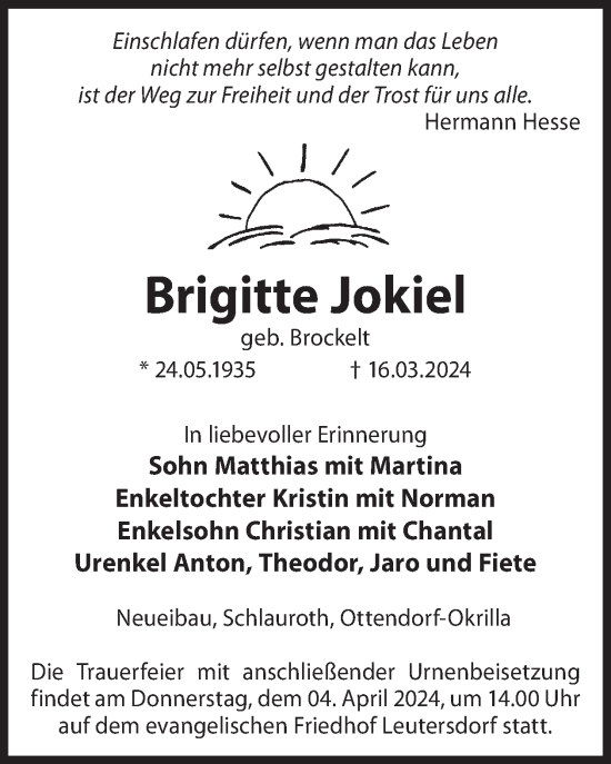 Traueranzeige von Brigitte Jokiel von WochenKurier