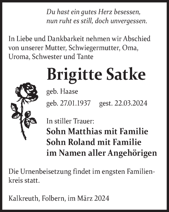 Traueranzeige von Brigitte Satke von WochenKurier