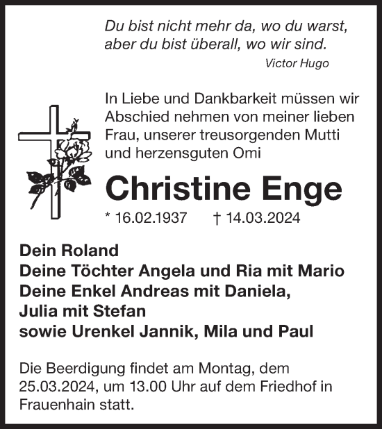 Traueranzeige von Christine Enge von WochenKurier