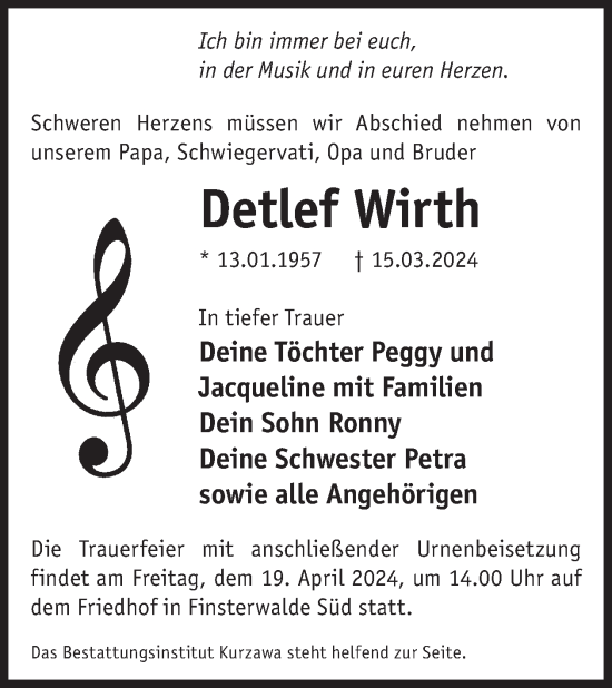 Traueranzeige von Detlef Wirth von WochenKurier