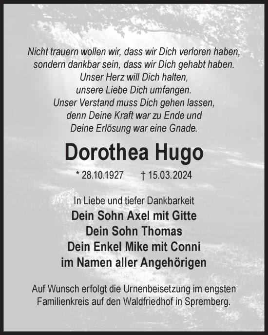 Traueranzeige von Dorothea Hugo von WochenKurier