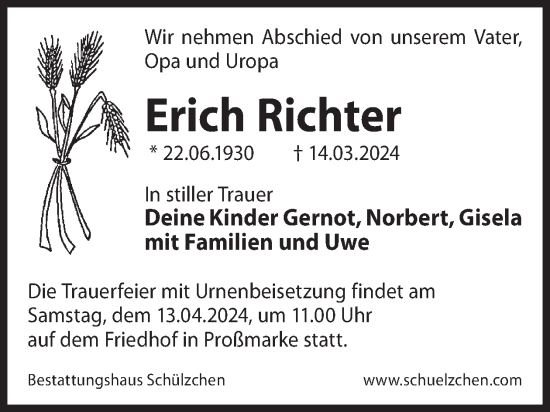 Traueranzeige von Erich Richter von WochenKurier