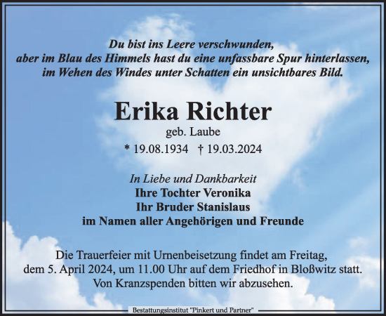 Traueranzeige von Erika Richter von WochenKurier