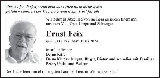 Traueranzeige von Ernst Feix von WochenKurier