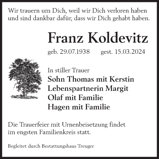 Traueranzeige von Franz Koldevitz von WochenKurier