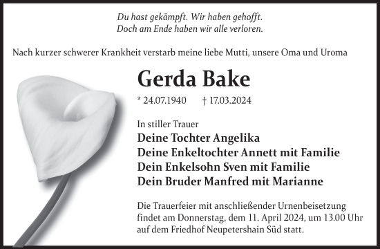 Traueranzeige von Gerda Bake von WochenKurier