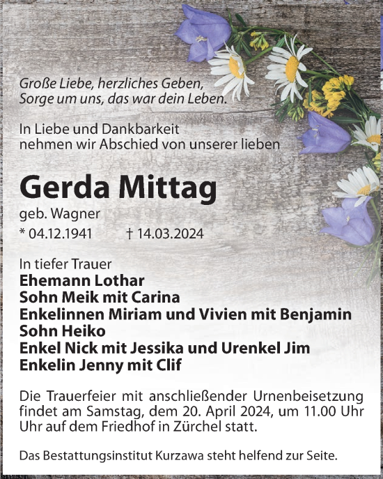 Traueranzeige von Gerda Mittag von WochenKurier