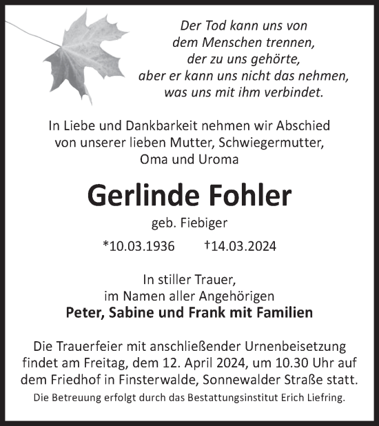 Traueranzeige von Gerlinde Fohler von WochenKurier