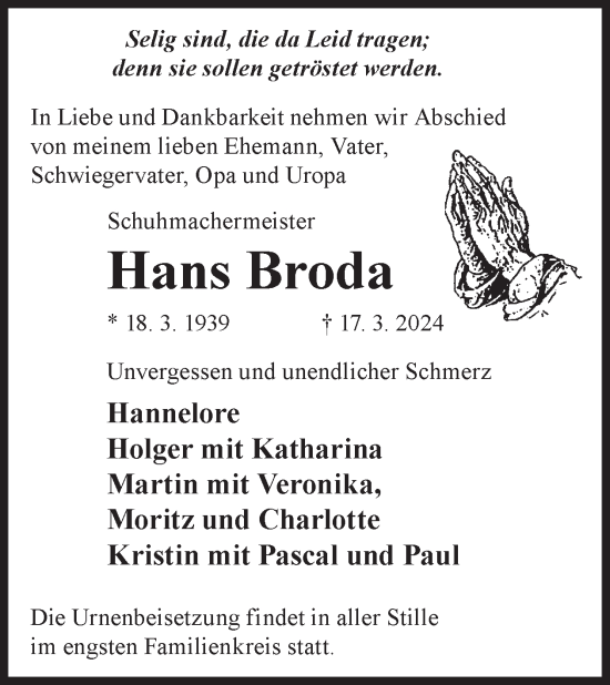 Traueranzeige von Hans Broda von WochenKurier