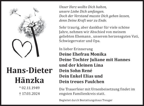 Traueranzeige von Hans-Dieter Hänzka von WochenKurier