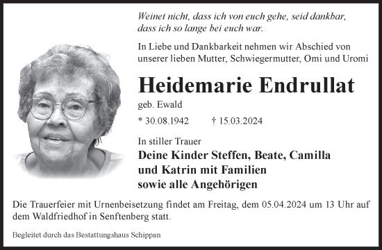 Traueranzeige von Heidemarie Endrullat von WochenKurier