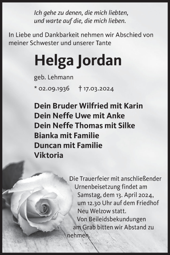 Traueranzeige von Helga Jordan von WochenKurier