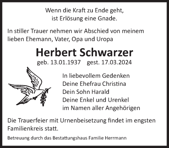 Traueranzeige von Herbert Schwarzer von WochenKurier