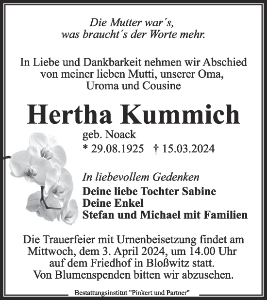 Traueranzeige von Hertha Kummich von WochenKurier