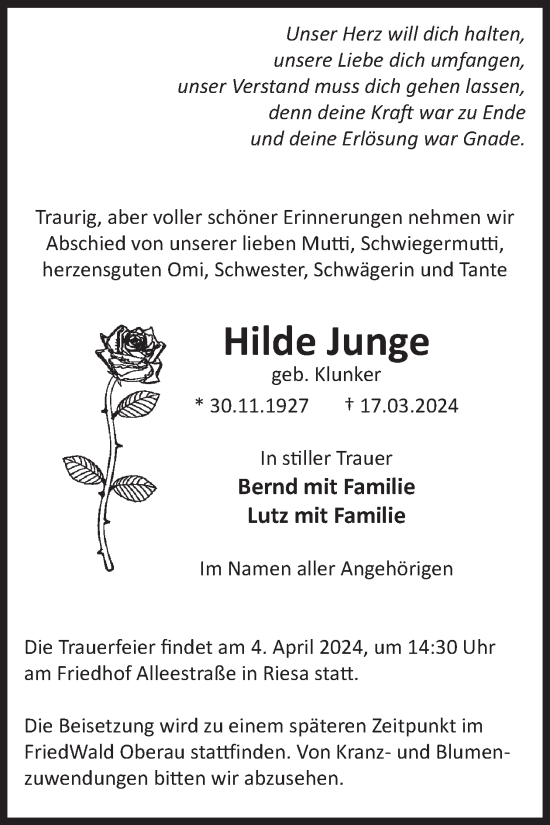 Traueranzeige von Hilde Junge von WochenKurier