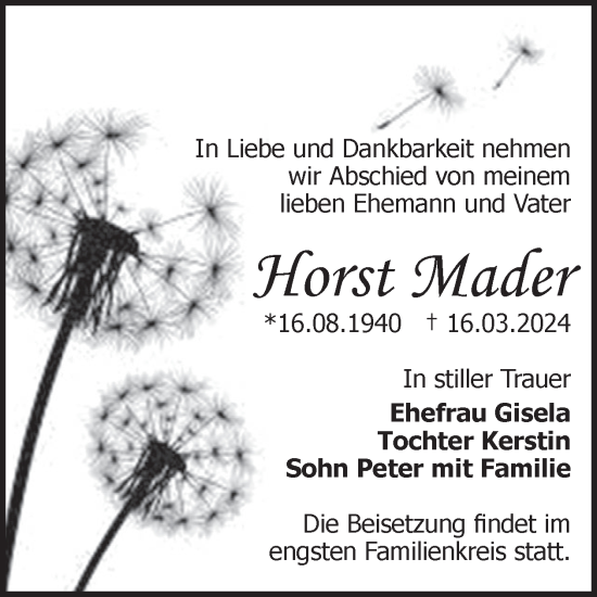 Traueranzeige von Horst Mader von WochenKurier