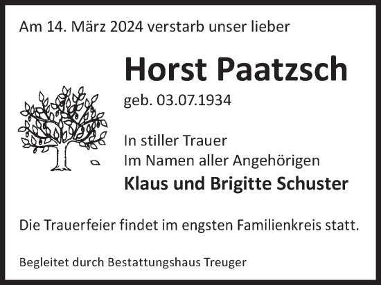 Traueranzeige von Horst Paatzsch von WochenKurier