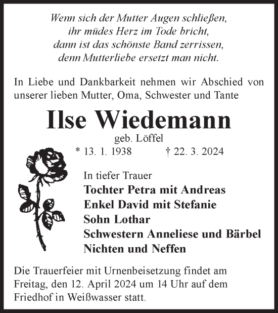 Traueranzeige von Ilse Wiedemann von WochenKurier