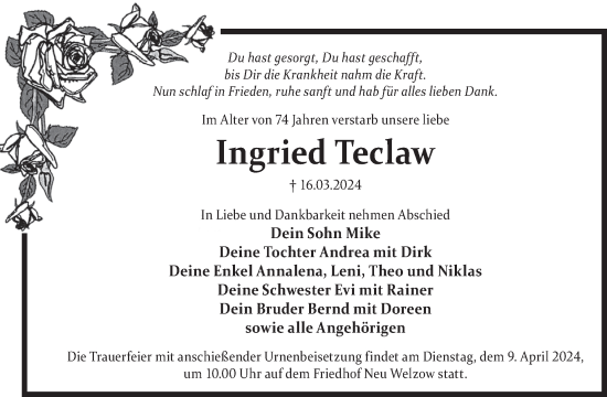 Traueranzeige von Ingried Teclaw von WochenKurier