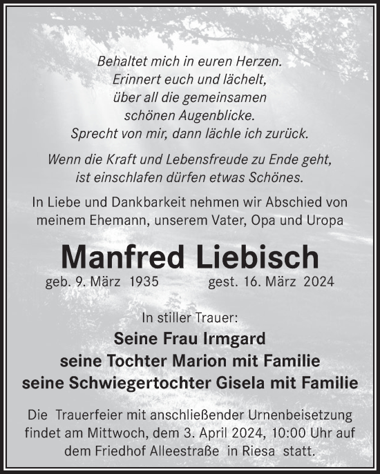 Traueranzeige von Manfred Liebisch von WochenKurier