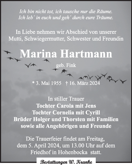 Traueranzeige von Marina Hartmann von WochenKurier