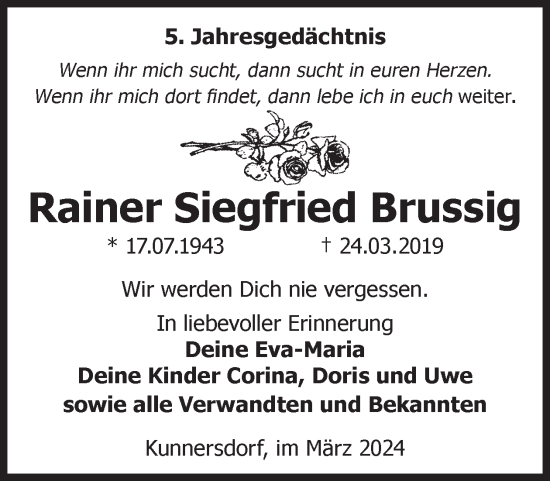 Traueranzeige von Rainer Siegfried Brussig von WochenKurier