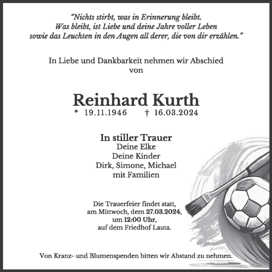 Traueranzeige von Reinhard Kurth von WochenKurier