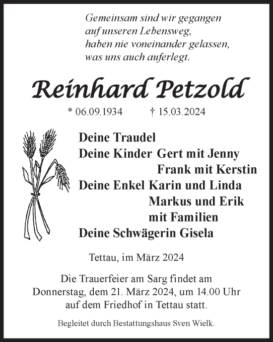 Traueranzeige von Reinhard Petzold von WochenKurier