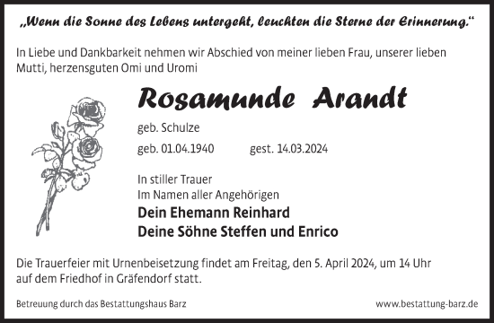 Traueranzeige von Rosamunde Arandt von WochenKurier