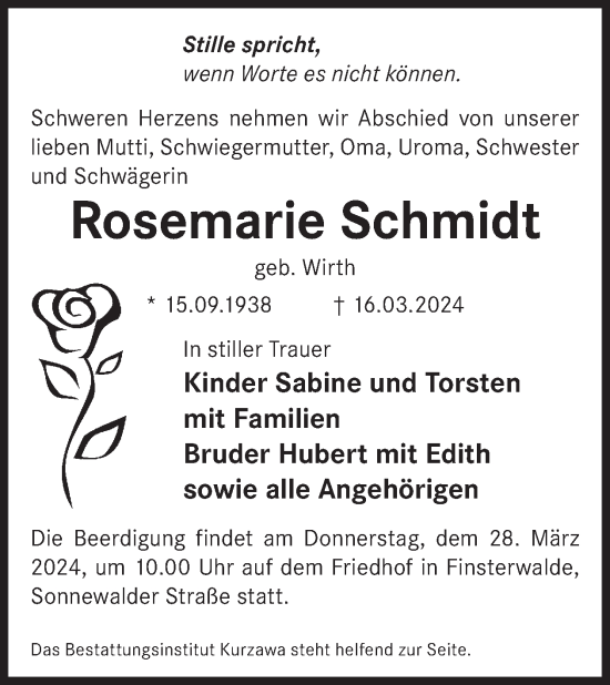 Traueranzeige von Rosemarie Schmidt von WochenKurier